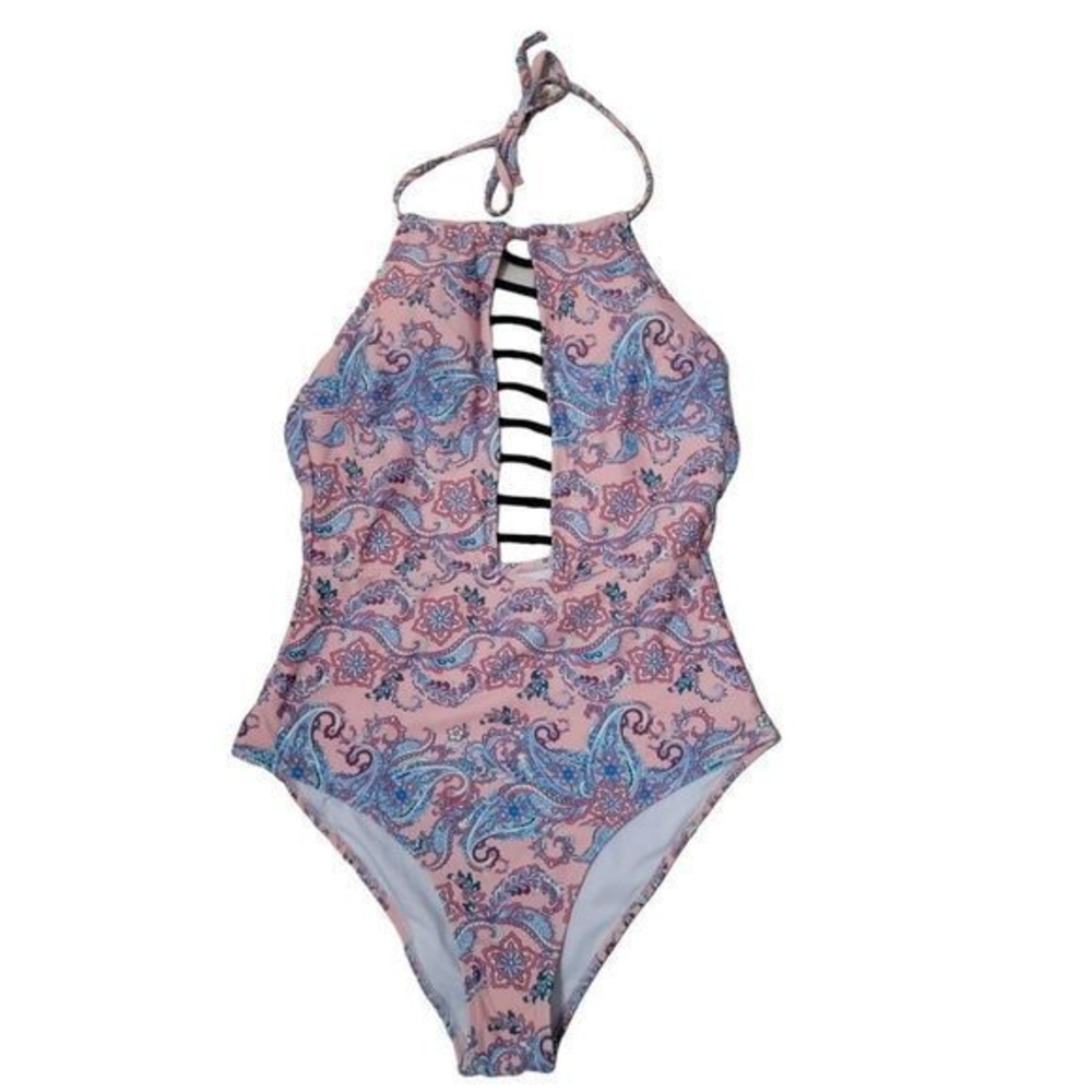 Cupshe strappy one piece swimsuit size medium pink blue Paisley Print